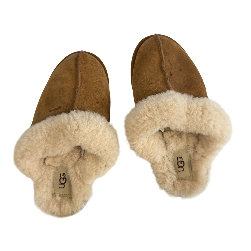 UGG Women Sheepskin Shearling Lined Slippers‎ Slides Tan Size 6 EU 37
